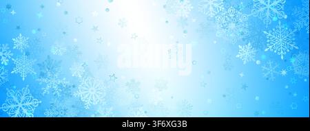 A bright, ethereal Christmas background featuring scattered blue and white snowflakes across a gradient sky. Stock Vector