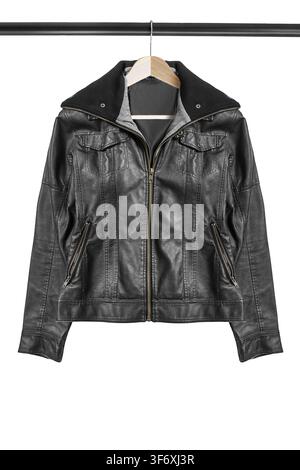 Black leather zipped jacket hanging on clothes rack isolated over white Stock Photo