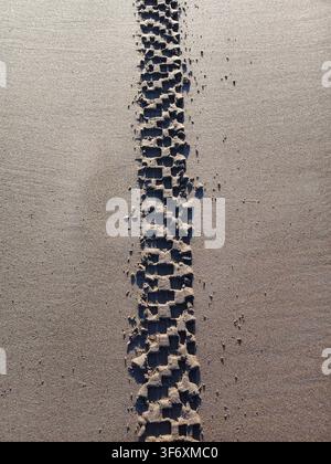 Tire Tracks on Wet Sand, Top-Down View Stock Photo