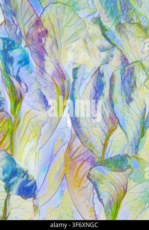 A drawing style photograph of soft pastel leaves layered in an abstract botanical pattern. Stock Photo