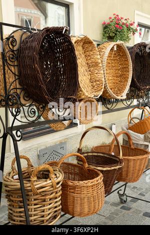 Close-up of organic empty wicker baskets craft exhibition, souvenir market Stock Photo