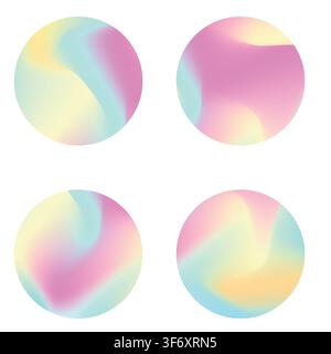 Circle holographic gradients set, spherical buttons. Multicolor neon hologram fluid color circle gradients, soft round buttons, vivid blurred spheres Stock Vector