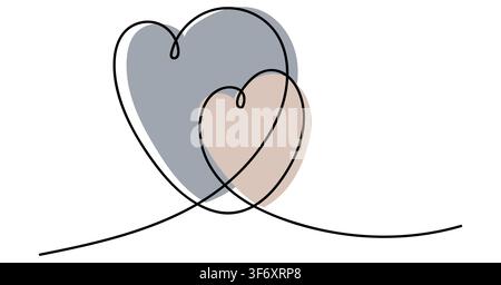 One continuous drawing of two hearts and love signs. Thin curls and romantic symbols in simple linear style. Minimalist Editable stroke. Vector doodle Stock Vector