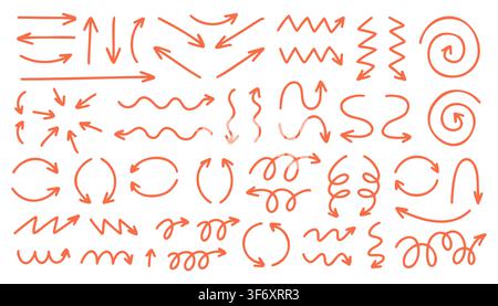 Hand drawn red arrow doodles set with curved, spiral, zigzag, and straight pointers. High-impact vector symbols for infographic presentations and Stock Vector