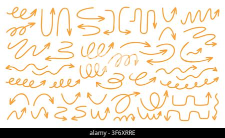 Vibrant orange hand-drawn arrow doodles with wavy, spiral, curved, and loop pointers. Ideal vector elements for video overlays, marketing, and Stock Vector