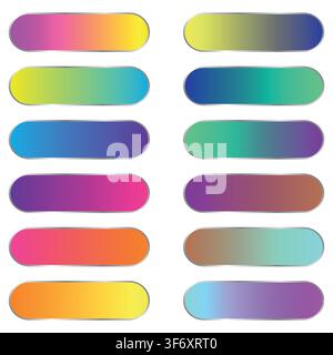 Rounded holographic gradient button. Multicolor green purple yellow orange pink cyan fluid circle gradients, colorful soft round buttons with metal fr Stock Vector