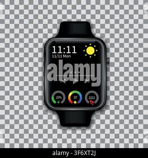 Modern smart watch mockup. Smart watch with black bracelet realistic. Modern wristwatch mock up. Stock Vector