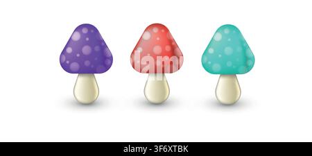 Set of a coloured poisoned mushrooms, in a 3D style. Vector illustration on white background Stock Vector