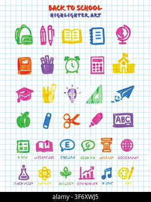 Colorful highlighter marker school education vector icon set with classroom supplies and subject symbols for classroom resources, learning apps Stock Vector