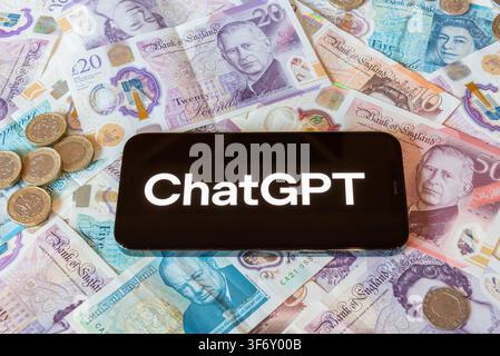OpenAI, ChatGPT logo with British currency in the background Stock Photo