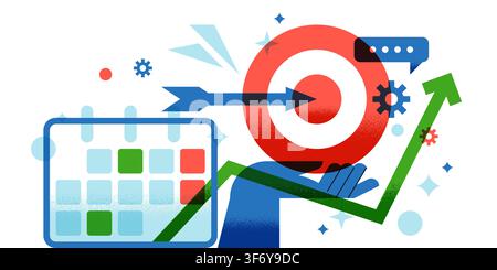 Vector illustration of blue hand holding red target, calendar and growth green graph. Abstract flat geometric concept for business strategy, goal achi Stock Vector