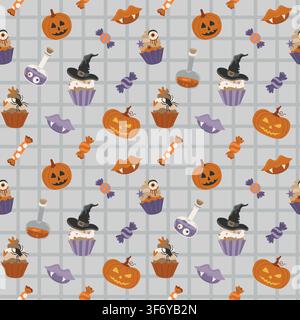 Halloween seamless background with trick-or-treat sweet, ghost, cupcakes, vampire lips and Jack-o-lantern pumpkin for packaging Stock Vector