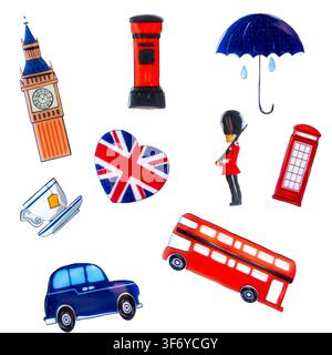 Collection of illustrations featuring the main symbols of London and the United Kingdom, including Big Ben, bus, phone booth, mailbox, taxi, royal gua Stock Photo