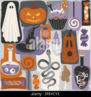 Halloween seamless patchwork pattern with trick-or-treat sweet, ghost, cupcakes, potion, witch hat and Jack-o-lantern pumpkin Stock Vector
