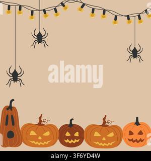Hand-drawn Halloween card template with border made of pumpkin Jack-o-lantern for seasonal party invitation or seasonal offer Stock Vector