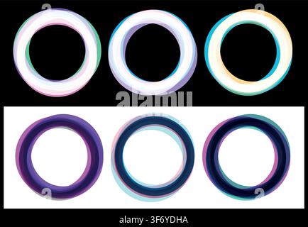 Color buttons set. Neon circle with light effect. Glossy glass texture banner with glare on black background. Round glowing sign for web interface inf Stock Vector
