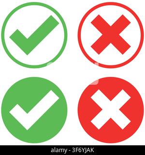 Tick and cross brush signs. Green checkmark OK and red X icons, isolated on white background. Symbols YES and NO button Stock Vector