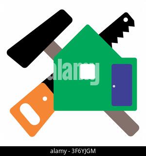 Construction and Home Renovation Logo with Hammer and Saw Tools Stock Vector