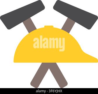 Construction logo with yellow safety helmet and crossed hammers icon. Stock Vector