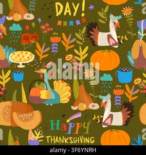 Cute Vector Thanksgiving Seamless Pattern Composed of Funny Turkeys and Harvest Stock Vector