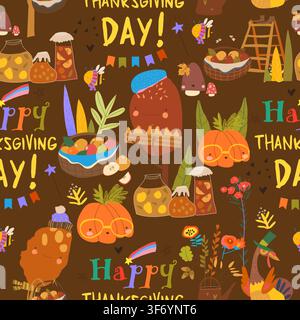 Vector Thanksgiving Seamless Pattern Composed of Funny Turkeys and Harvest Stock Vector