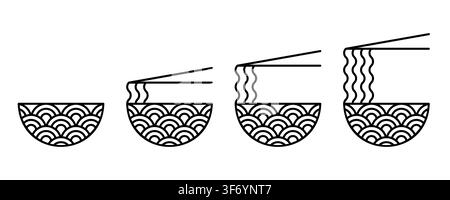 Seigaiha Pattern Noodle Bowls with Chopsticks Line Icon Set, Asian Vector Stock Vector