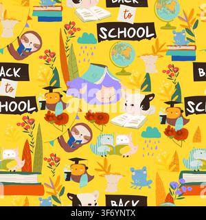 Seamless Pattern With Animals Sitting On Stacks Of Books Stock Vector