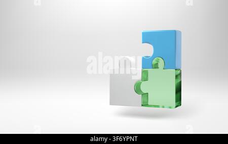 Missing part 3D isometric icon. Blue white and green glass puzzle piece connected. Jigsaw toy for partner search concept. Constructor game fragment Stock Vector