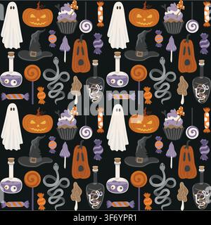 Halloween seamless pattern with trick-or-treat sweet, ghost, cupcakes, potion, witch hat and Jack-o-lantern pumpkin for packaging Stock Vector