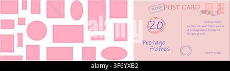 Set of blank pink stamp templates with perforated borders. Vector kit of different forms. Mockup girly sticker clipart for love mail envelopes. Sample Stock Vector