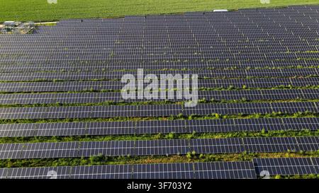 Solar panel field generating clean electricity, large scale photovoltaic array creating renewable energy Stock Photo