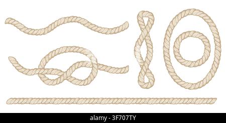 Vector set design elements with rope. Vector rope knot and frame. Stock Vector
