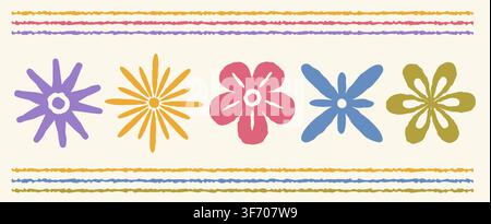 Vector set icon of vintage flowers in Scandinavian folk style. Vector retro rustic flowers. Stock Vector