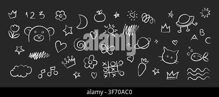 Set of hand-drawn white crayon doodles on dark background. Chalk kids sketches of hearts, stars, animals, simple design elements. Stock Vector