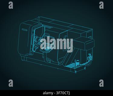 CNC lathe turning machine isometric blueprint, stylized vector illustration Stock Vector