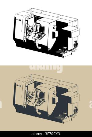 CNC lathe turning machine stylized isometric vector illustrations Stock Vector