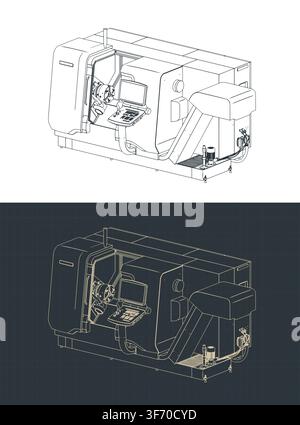CNC lathe turning machine isometric blueprints, stylized vector illustrations Stock Vector