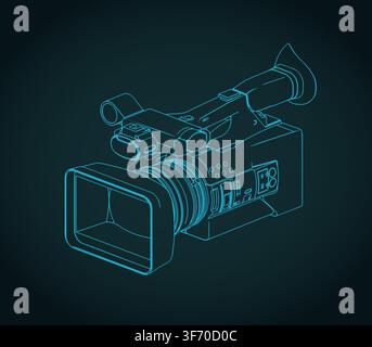 Professional video camera camcorder isometric blueprint, stylized vector illustration Stock Vector