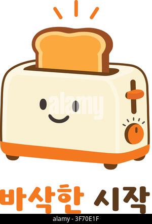 A smiling toaster with toasted bread and Korean text that means A Crispy Start. Stock Vector