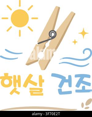 A wooden clothespin surrounded by sunlight and breeze symbols with Korean text that means Sun Drying. Stock Vector