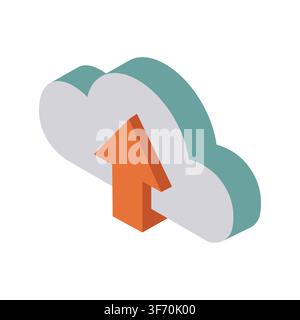 3D Isometric Cloud Upload Icon with Arrow Sign Representing Data Storage and File Backup Transfer white background isolated Stock Vector