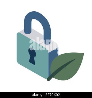Isometric vector illustration of a padlock and green leaf representing environmental protection and security white background isolated Stock Vector