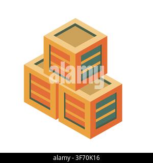 Isometric Vector Illustration of Three Stacked Wooden Crates for Logistics and Storage Design white background isolated Stock Vector