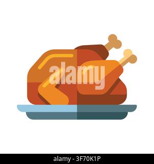 Flat Vector Illustration of a Roasted Whole Chicken or Turkey on a Serving Platter for Holiday Dinner white background isolated Stock Vector