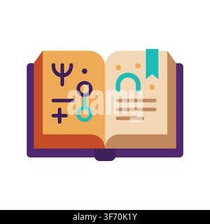 Vector illustration of an open textbook with scientific symbols and a sad face icon representing educational stress and difficult homework white backg Stock Vector