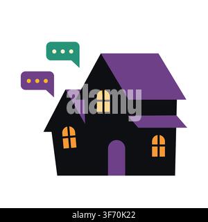 Spooky haunted house vector illustration with speech bubbles, dark building silhouette with purple roof and yellow windows on white background. white Stock Vector