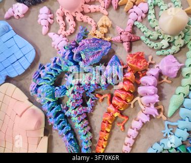 Art models printed on 3D printer. Different objects created on 3D printer from molten plastic. 3D printed different objects. Modern new modern additive progressive technologies. 3D printing technology Stock Photo