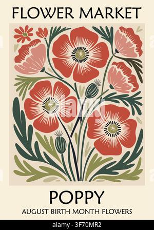 Retro poster shows stylized poppies in warm tones Stock Vector