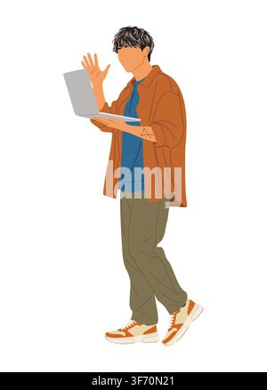 Young stylish man walks while holding laptop Stock Vector
