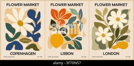 Floral art prints for three European cities Stock Vector